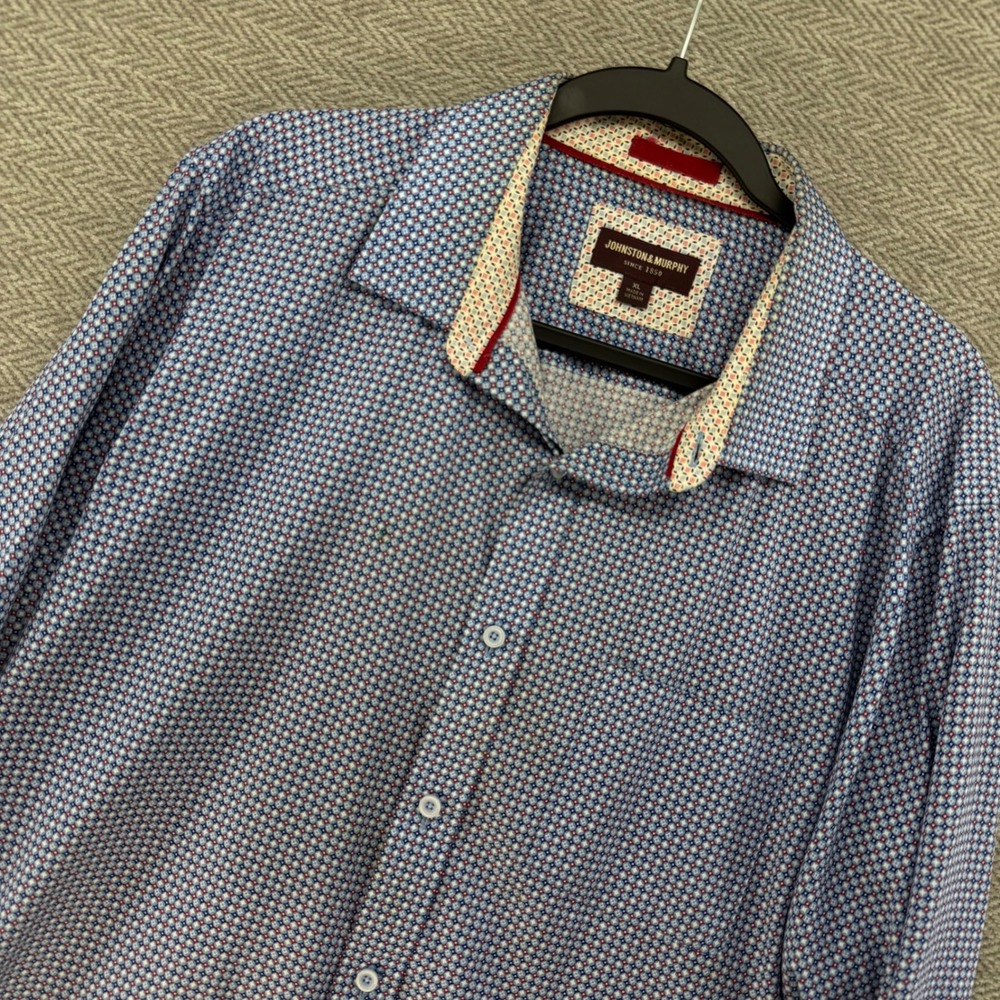 Johnston & Murphy Button Down XL Blue Cotton Geometric Diamond Print Shirt